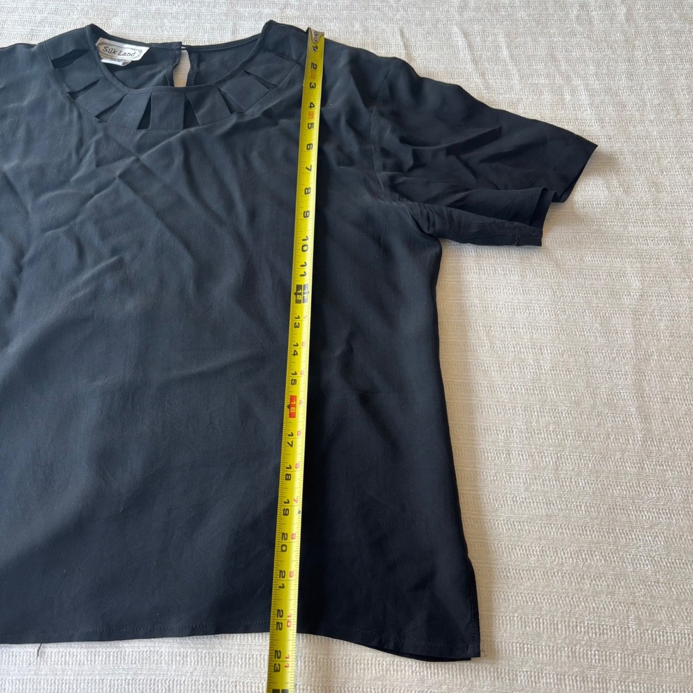 Vintage Silk Land Black 100% Pure Silk Short Sleeve Blouse Pleated Cutout Neck - Picture 9 of 9